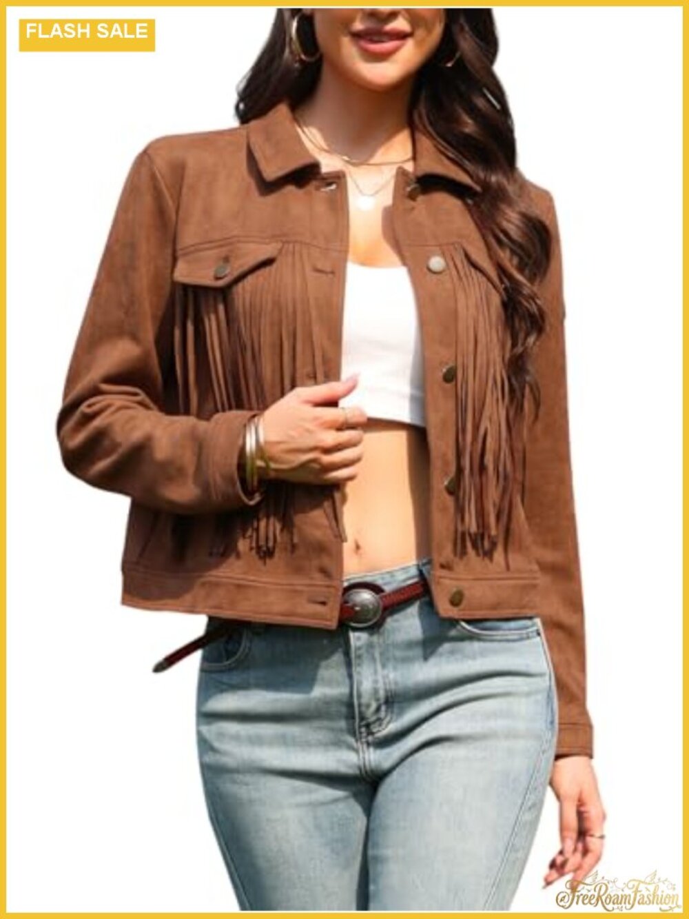 Women Faux Suede Fringe Cowgirl Long Sleeve Jacket